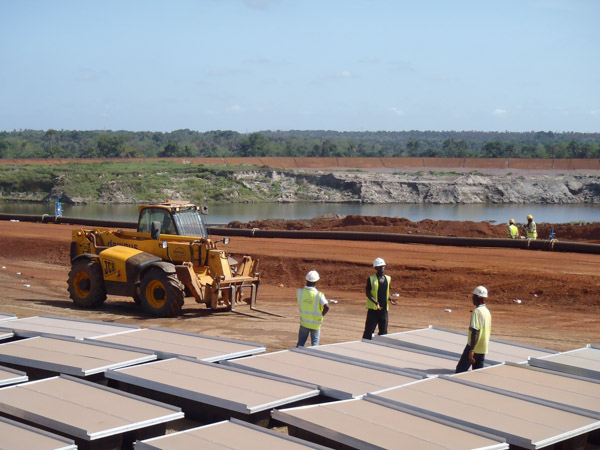 Modular walkways and pump platforms in Iron mining tailings pond in Sierra Leone